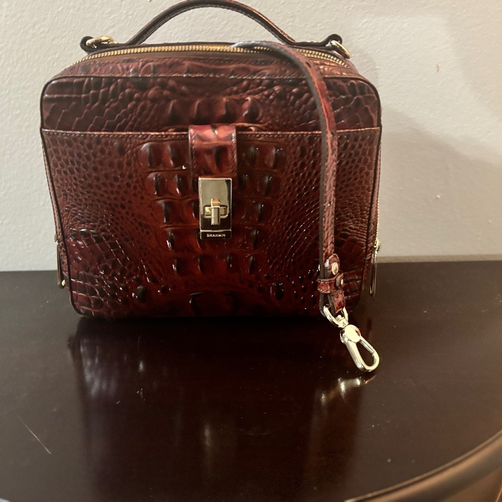 Brahmin Evie Pecan Melbourne Crossbody Top Handle Bag Square Leather Handbag